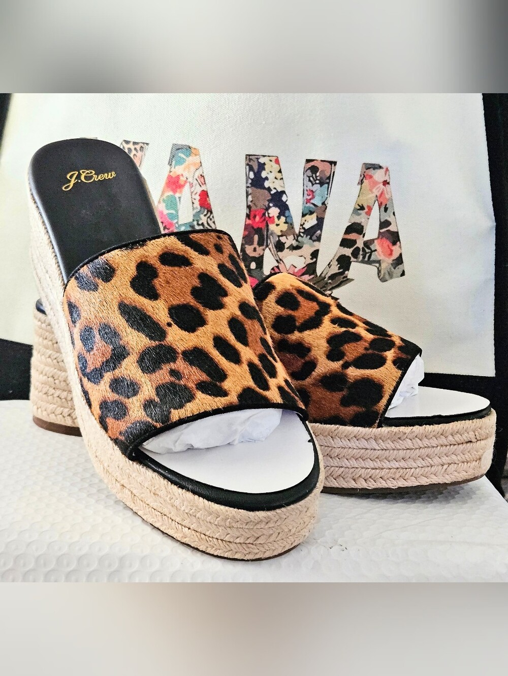 J. Crew Leopard Print Espadrille Wedge Slides - Brown & Black